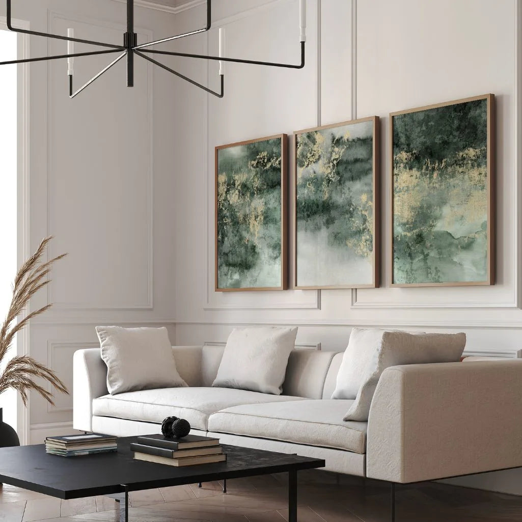 Emerald Mist – Set of 3 Abstract Art Prints - Green & Gold Minimalist Wall Art