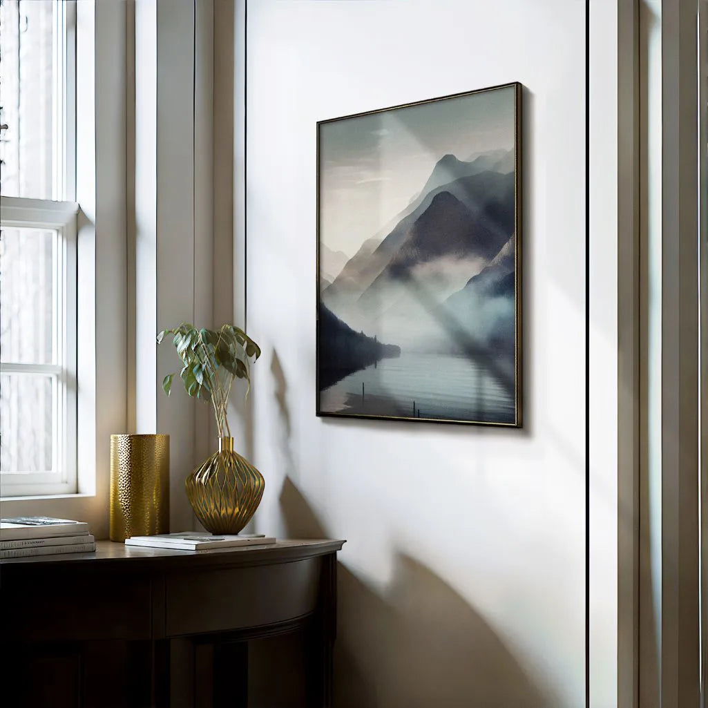 Misty Mountains Over Lake Poster