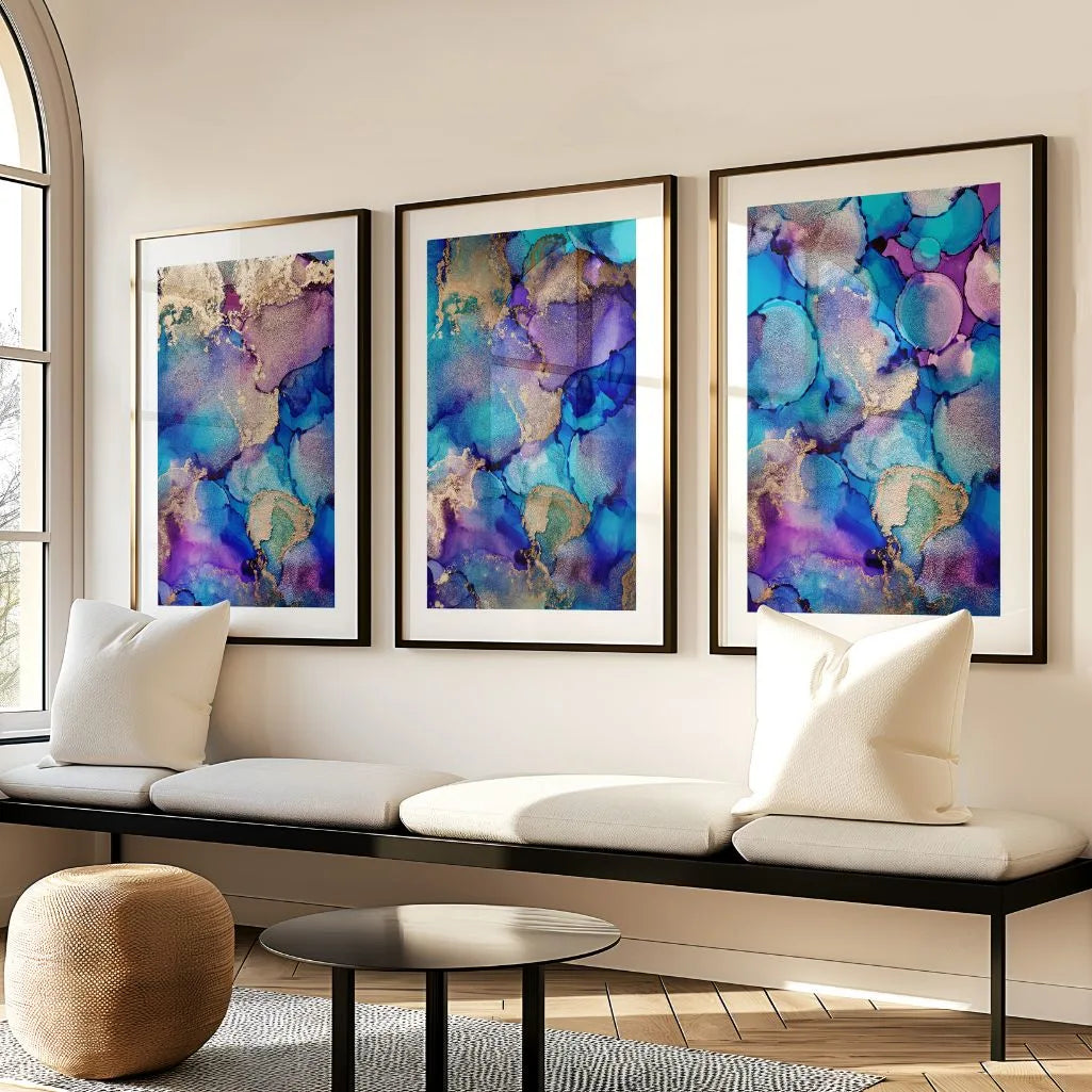 Blue Purple Abstract Alcohol Ink Art Prints - Set of 3 Gold Accent Wall Art