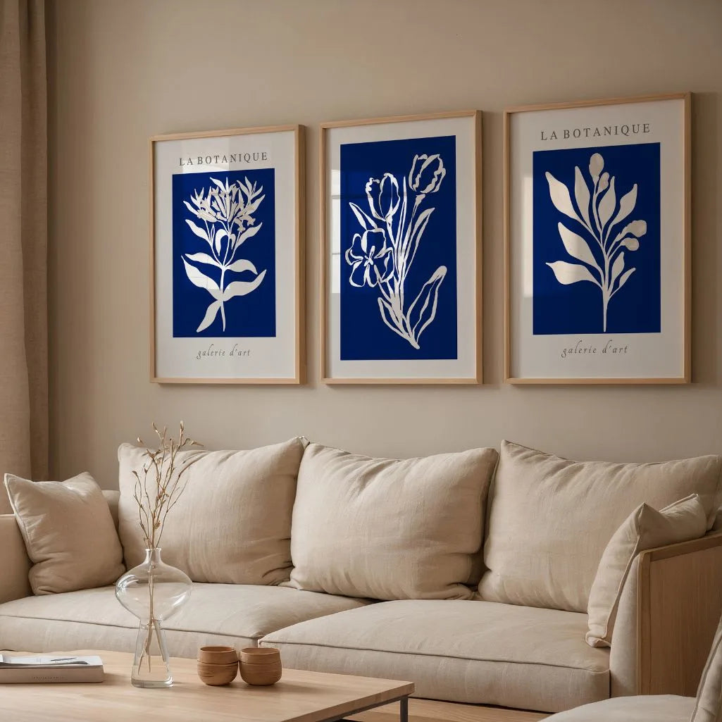 Blue Botanical Floral Prints – White Silhouette Set of 3