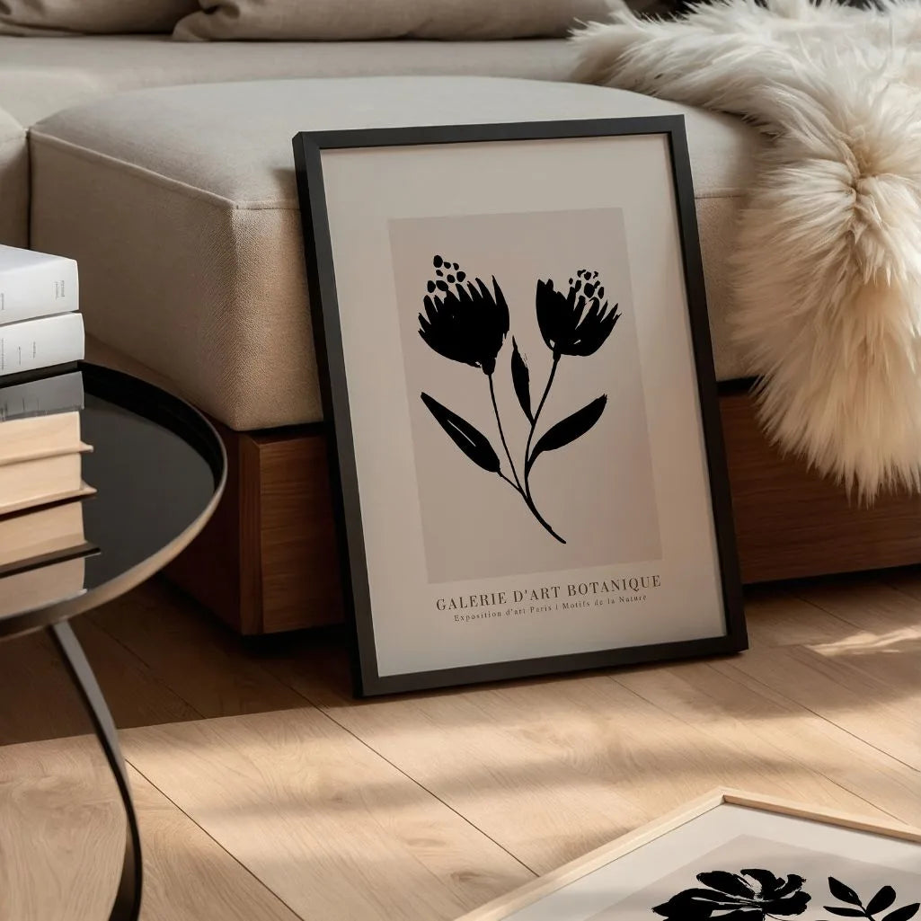 Black Flowers on Beige Poster