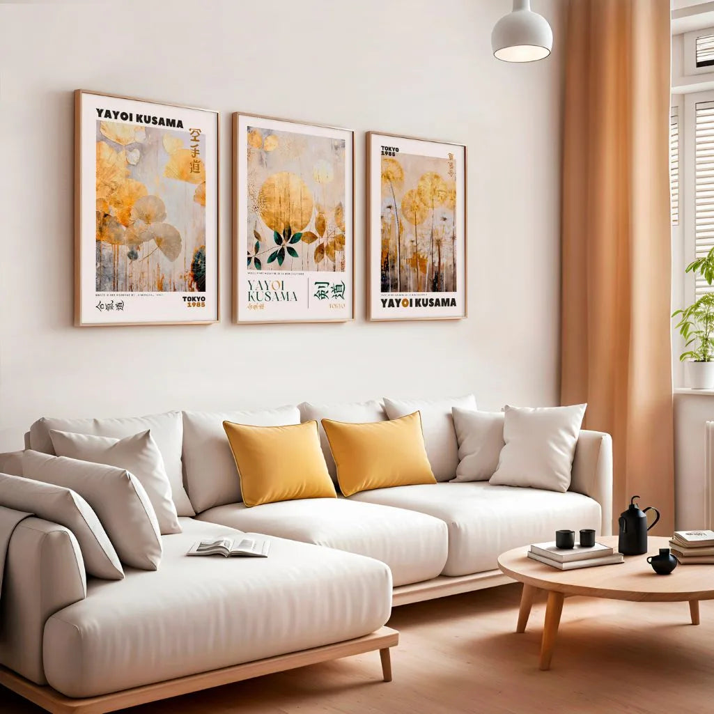 Golden Botanical Abstract Art Prints – Japanese Inspired Set of 3