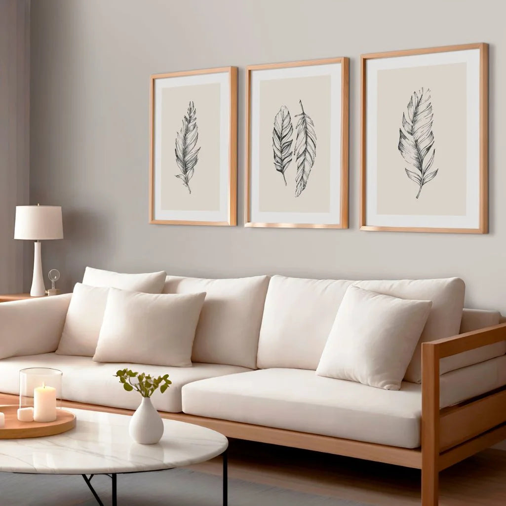 Minimalist Feather Art Prints - Set of 3 Neutral Line Art Posters