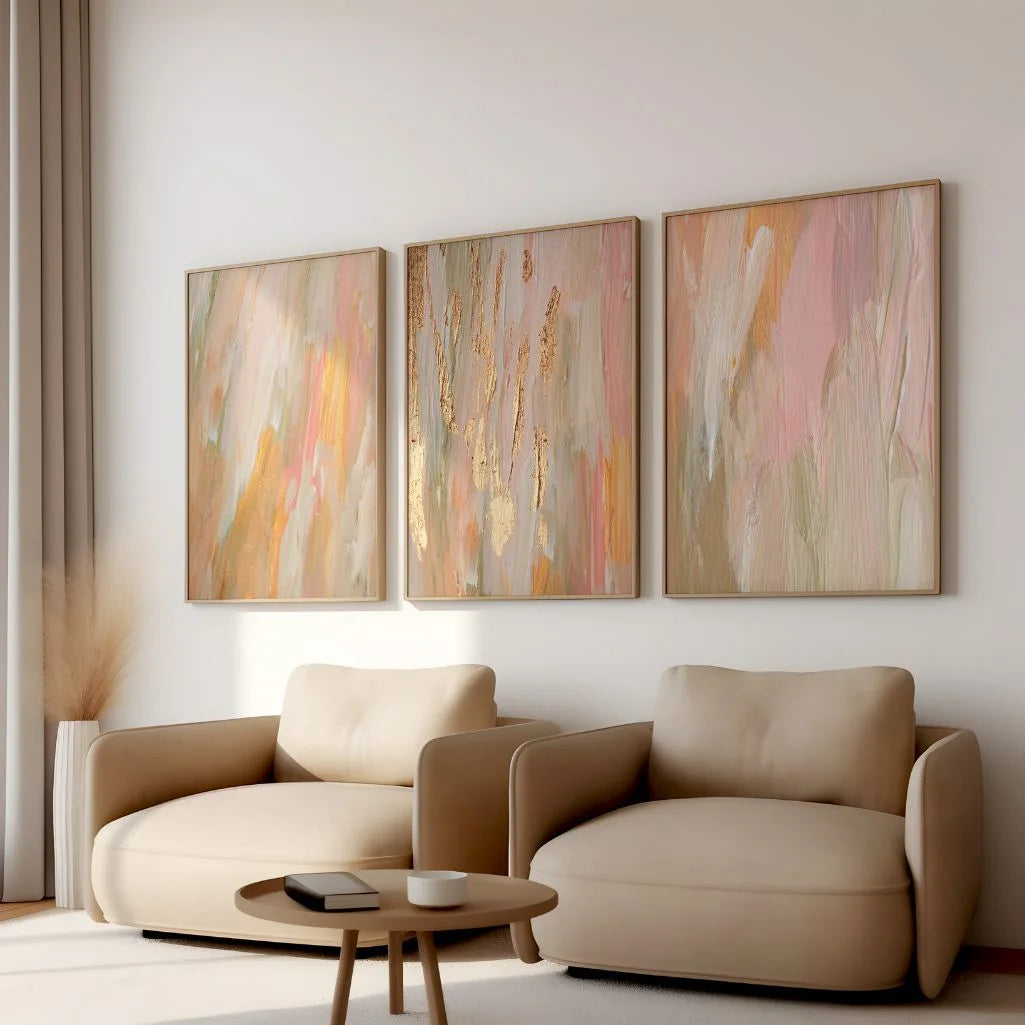 Textured Abstract Wall Art Prints - Set of 3 Neutral Gold Accent Art