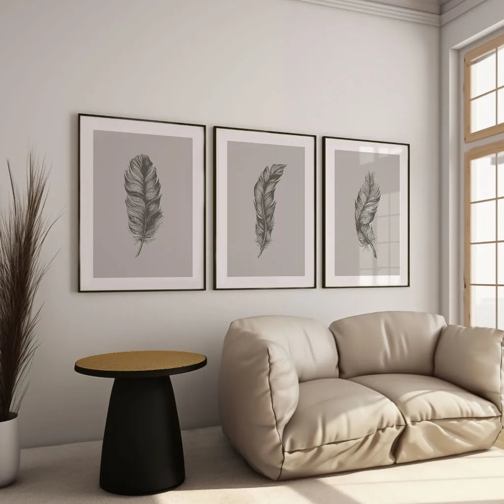 Minimalist Feather Art Prints - Set of 3 Neutral Wall Art