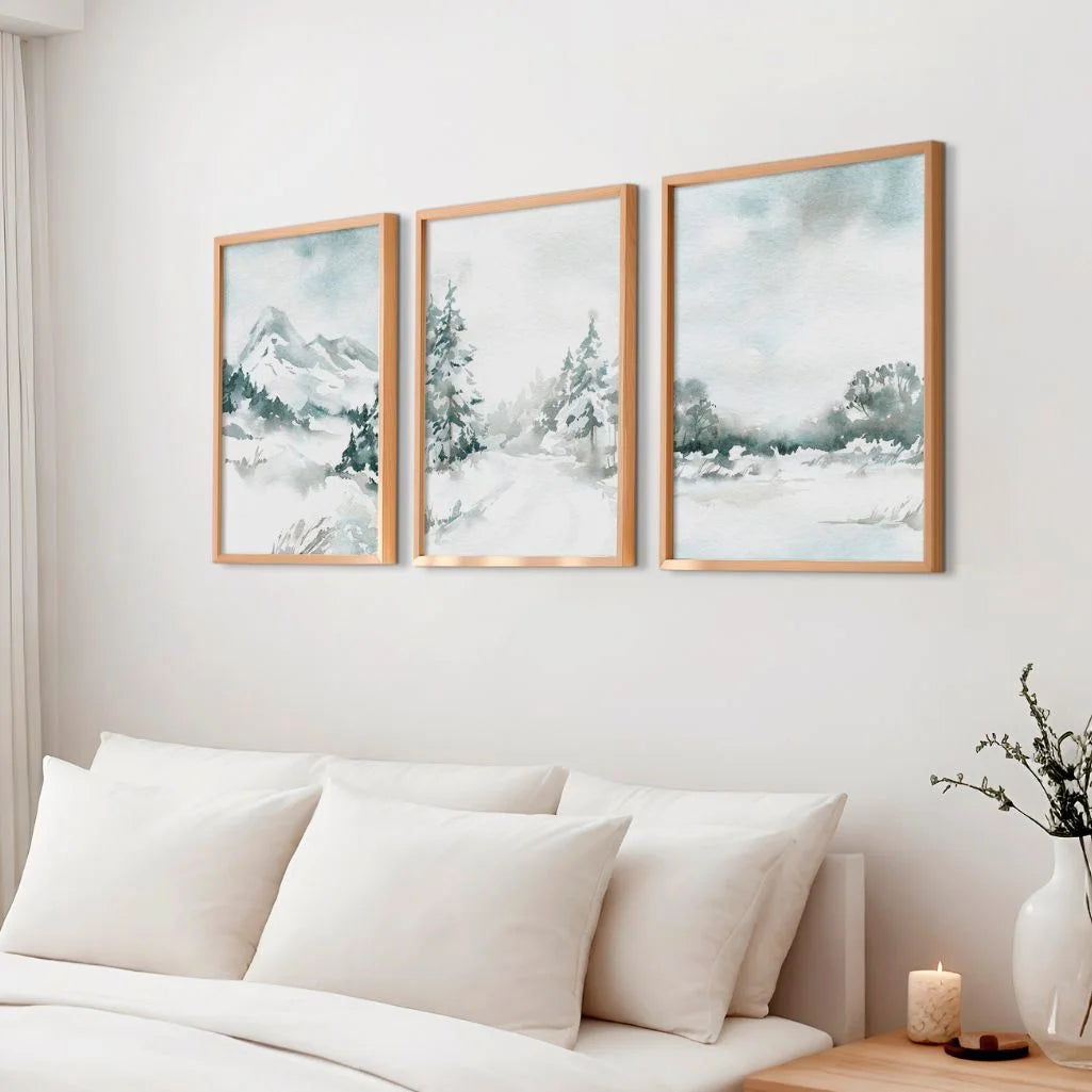 Watercolor Winter Landscape Art Prints – Minimal Nature Set of 3