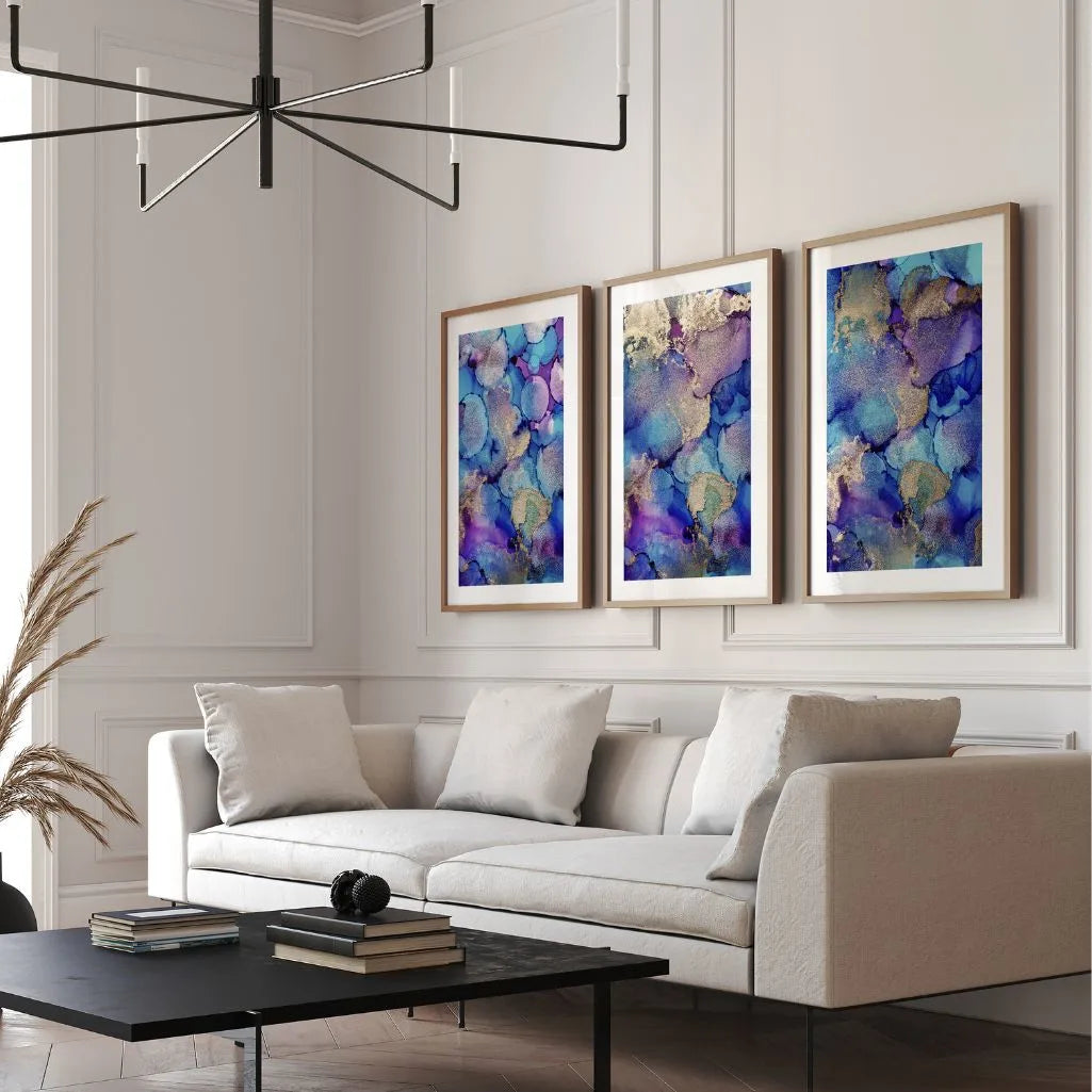 Blue Purple Abstract Alcohol Ink Art Prints - Set of 3 Gold Accent Wall Art