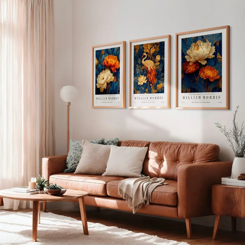 Plakaty inspirowane Williamem Morrisem – Zestaw 3 sztuki „Flaming i Kwiaty w Ozdobach Natury”