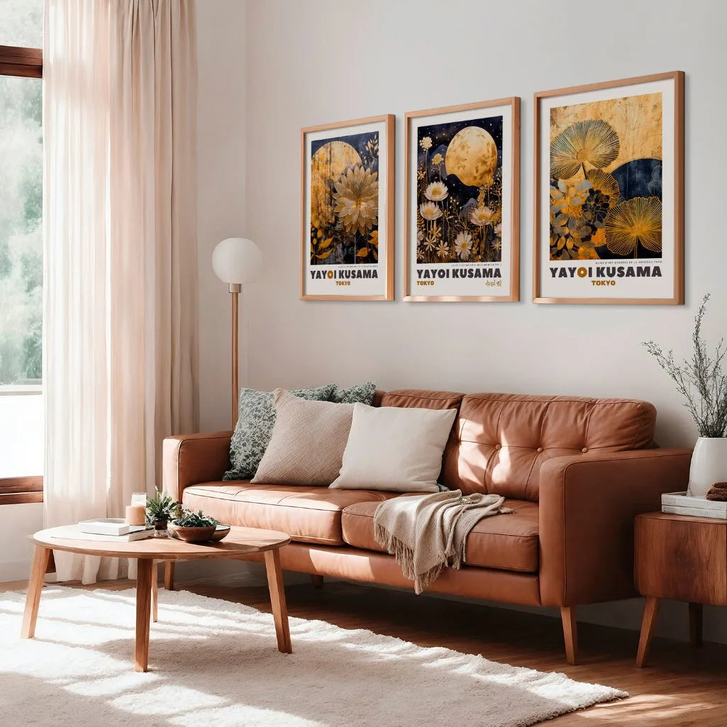 Golden Botanical Art Prints – Japanese Inspired Floral Set of 3