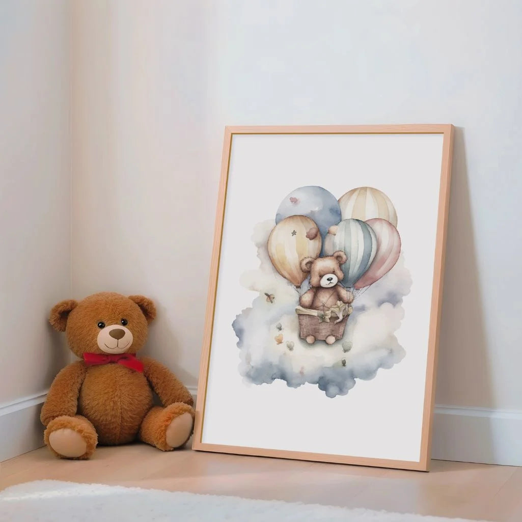 Bear In A Basket With Balloons Poster