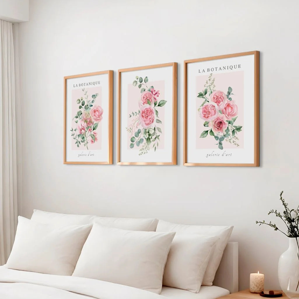 La Botanique Watercolor Floral Prints – Soft Pink Botanical Wall Art Set of 3