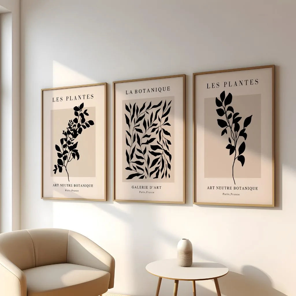 Black & Beige Botanical Art Prints – Minimalist Plant Set of 3