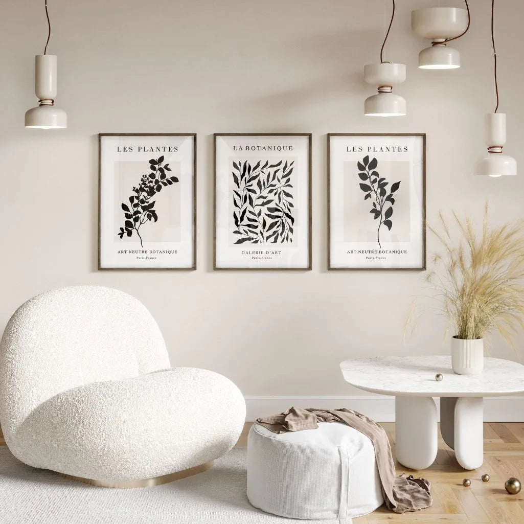 Black & Beige Botanical Silhouette Prints – Minimal Set of 3