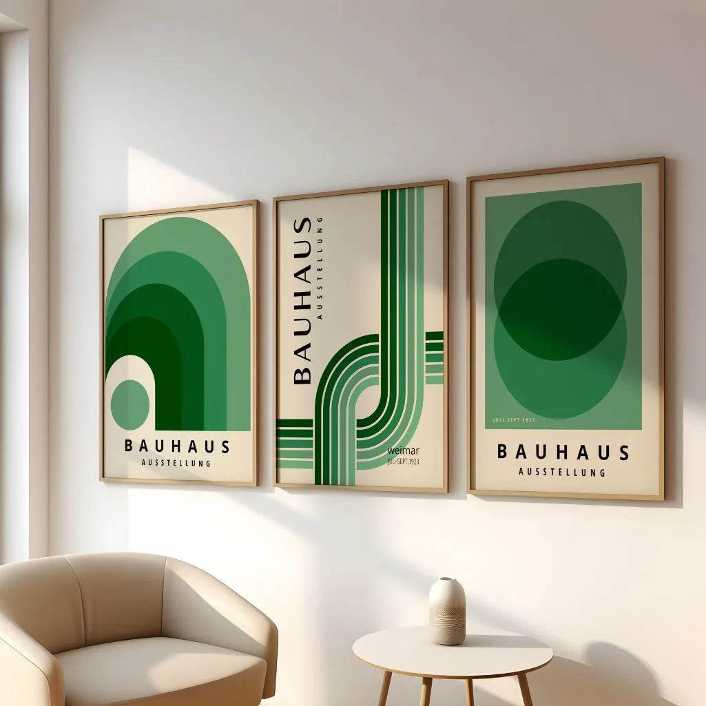 Green Tonal Rhythm Bauhaus Poster Set of 3