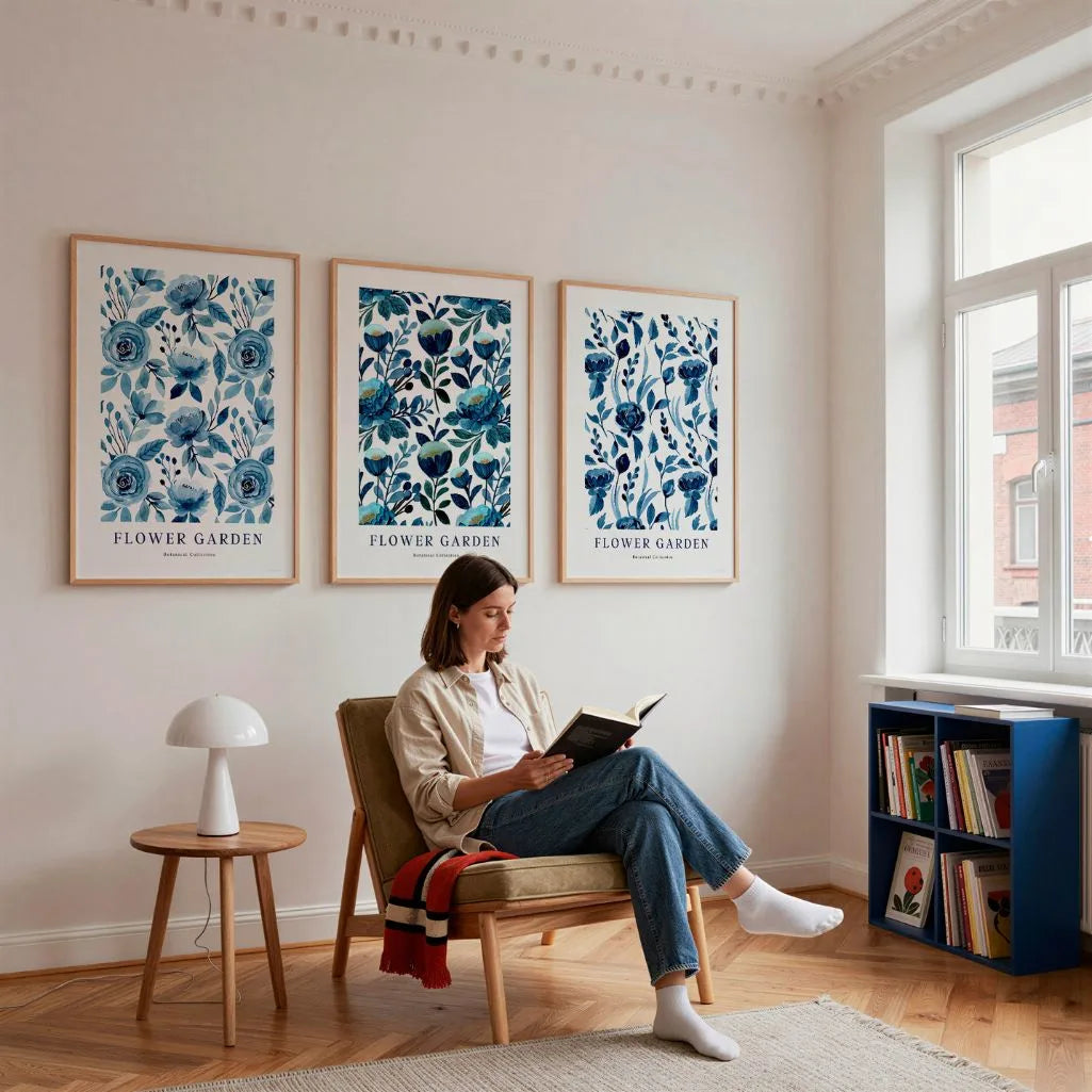 Flower Garden Blue Botanical Prints – Watercolor Floral Set of 3