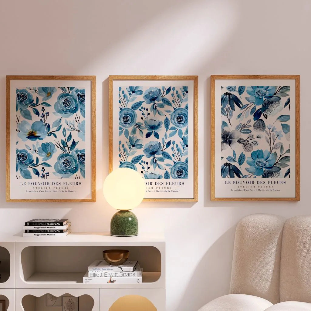 Blue Floral Watercolor Prints – Elegant Botanical Set of 3