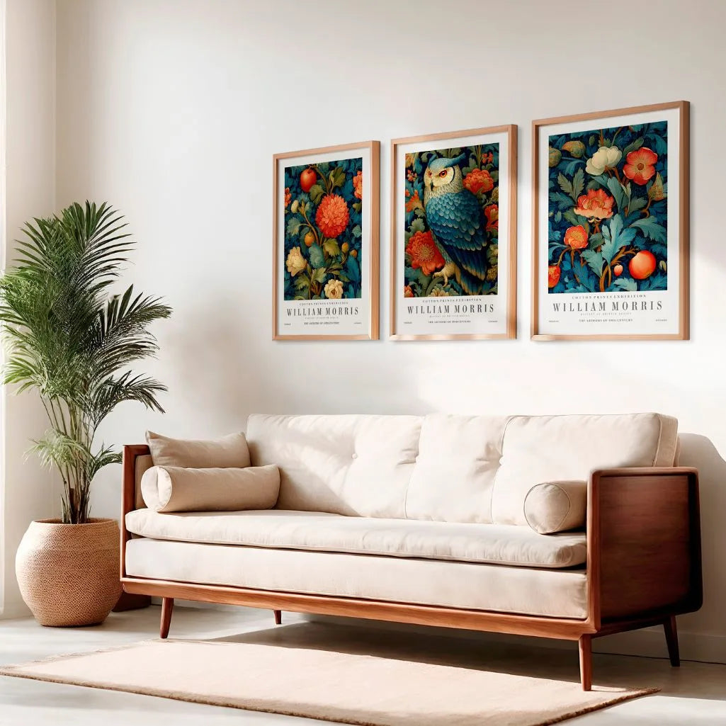 Plakaty inspirowane Williamem Morrisem – Zestaw 3 sztuki „Kwiaty, Owoce i Sowa”