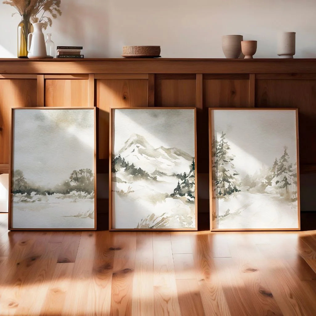 Beige Winter Landscape Prints – Minimalist Nature Set of 3