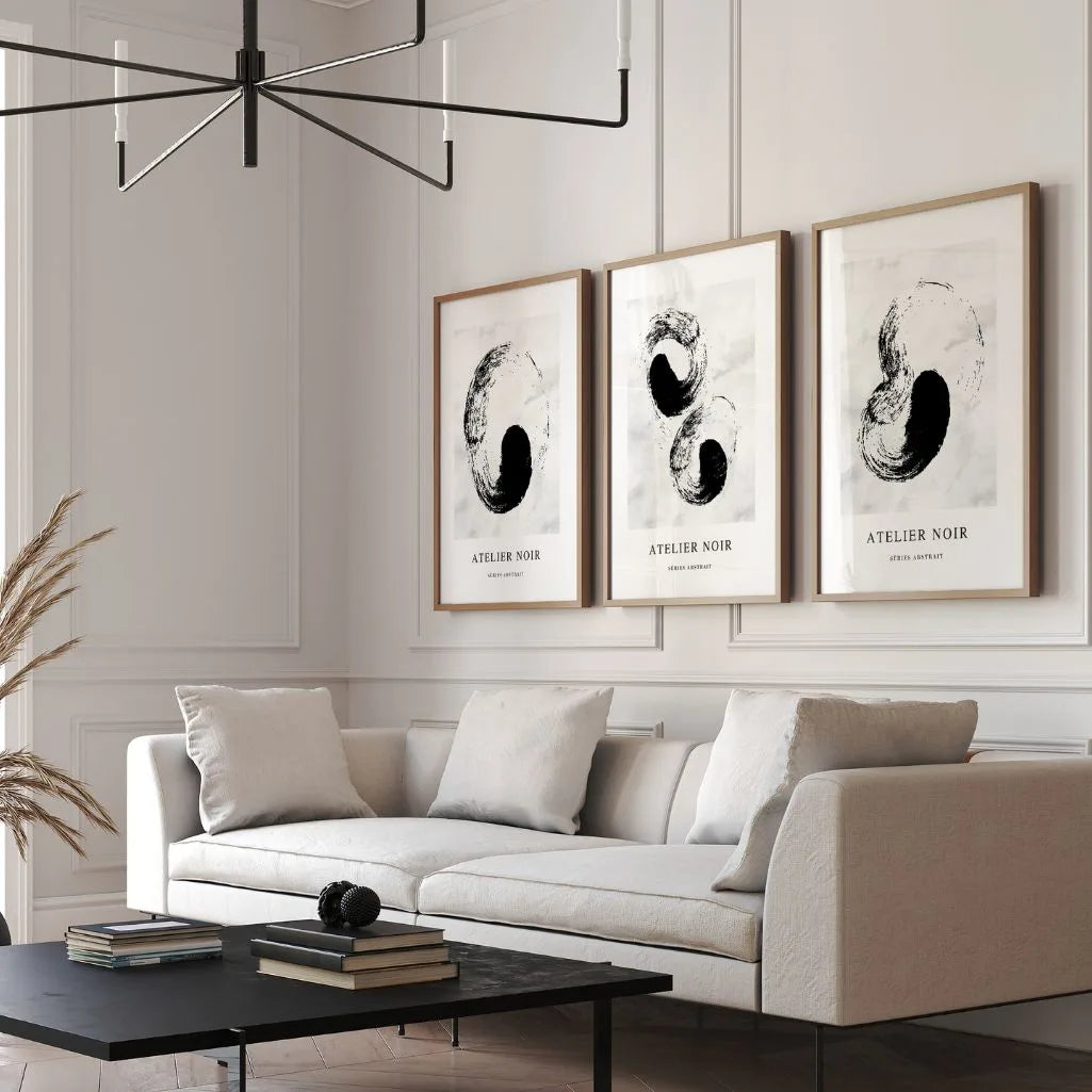 Atelier Noir – Set of 3 Abstract Art Prints - Black & Light Gray Minimalist Wall Art