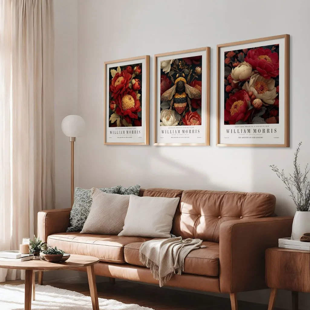 Plakaty inspirowane Williamem Morrisem – Zestaw 3 sztuki „Piwonie, Pszczoła i Ozdoba”