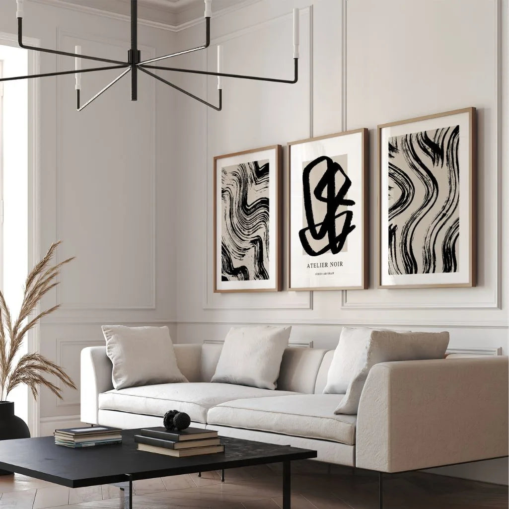 Abstract brush art poster set in monochrome black white style for modern home