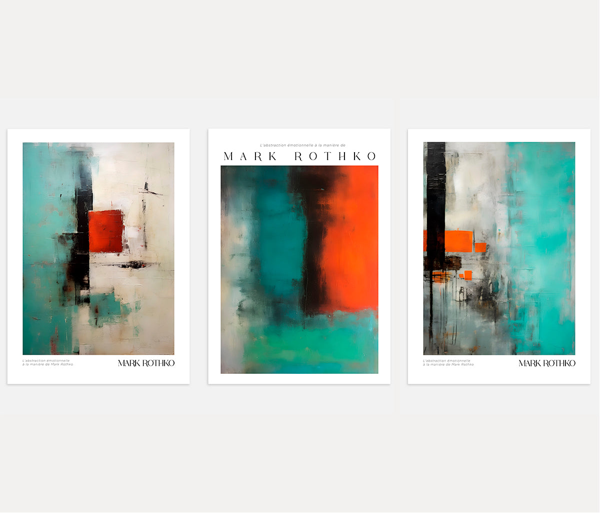Modern abstract color field poster set with turquoise and red tones