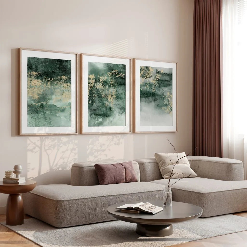 Elegant abstract wall decor set in green and gold tones