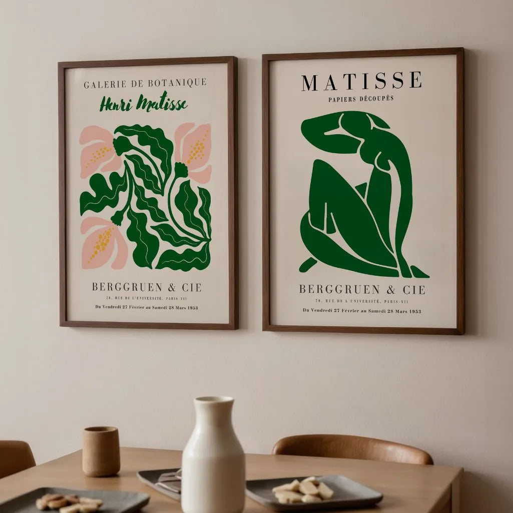 Set of 2 abstract green posters displayed as gallery wall in bright contemporary interior