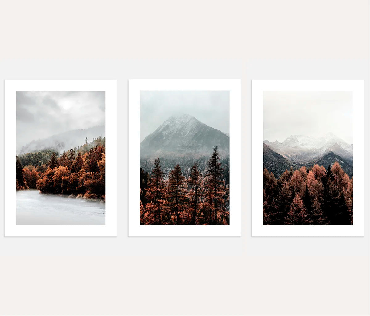 Autumn alpine mountain poster set of 3 with misty forest wall art