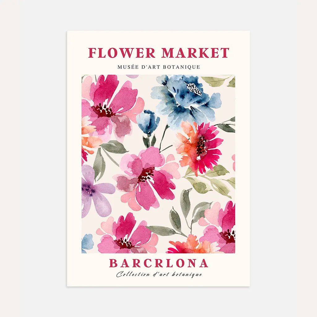Barcelona colorful flowers watercolor poster with vibrant pink blue and orange blooms