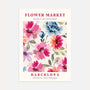 Barcelona colorful flowers watercolor poster with vibrant pink blue and orange blooms