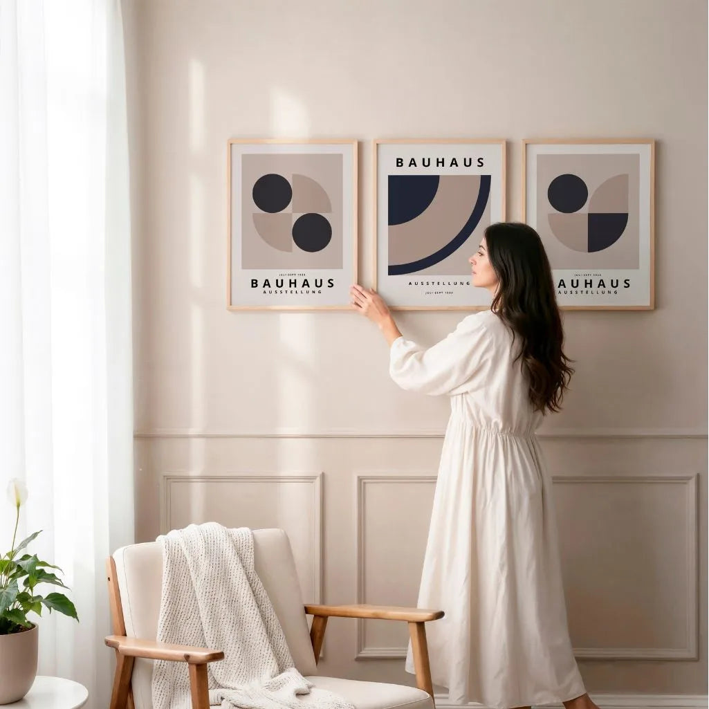 neutral bauhaus wall art set in calm minimalist living room