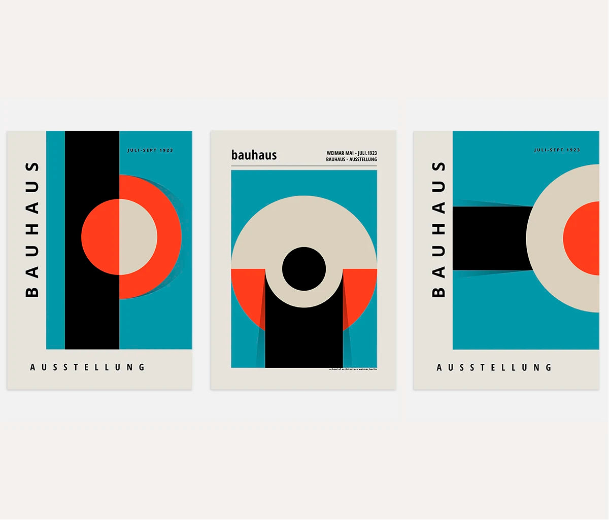 Set of three Bauhaus geometric posters with bold circles and abstract shapes for modern wall decor