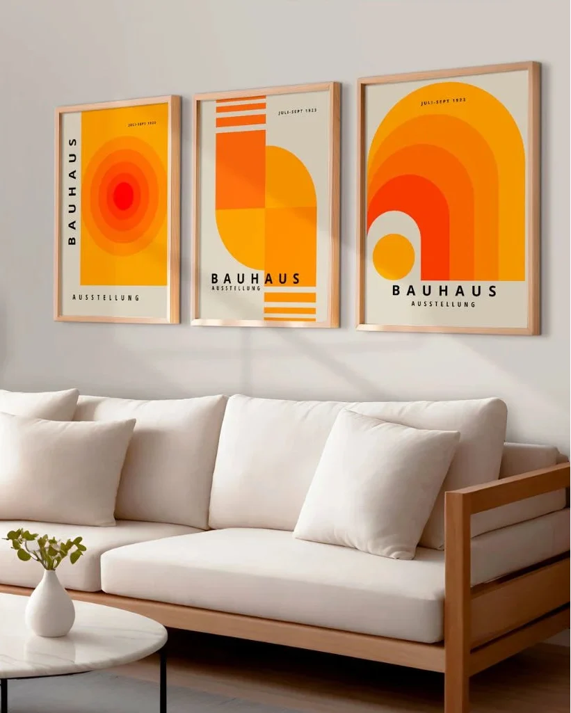 Bauhaus posters set of 3 displayed as geometric wall art for modern living room decor