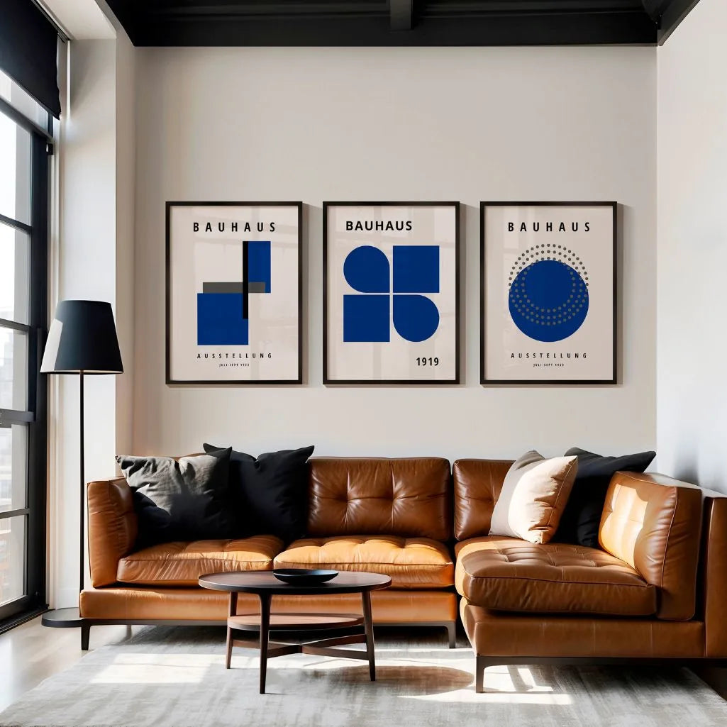 navy bauhaus poster set arranged in refined modern gallery wall