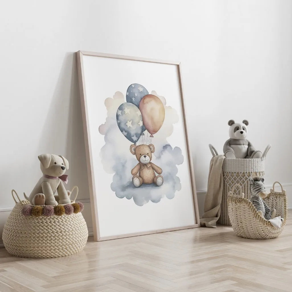 bear on cloud star balloons poster kids bedroom wall art