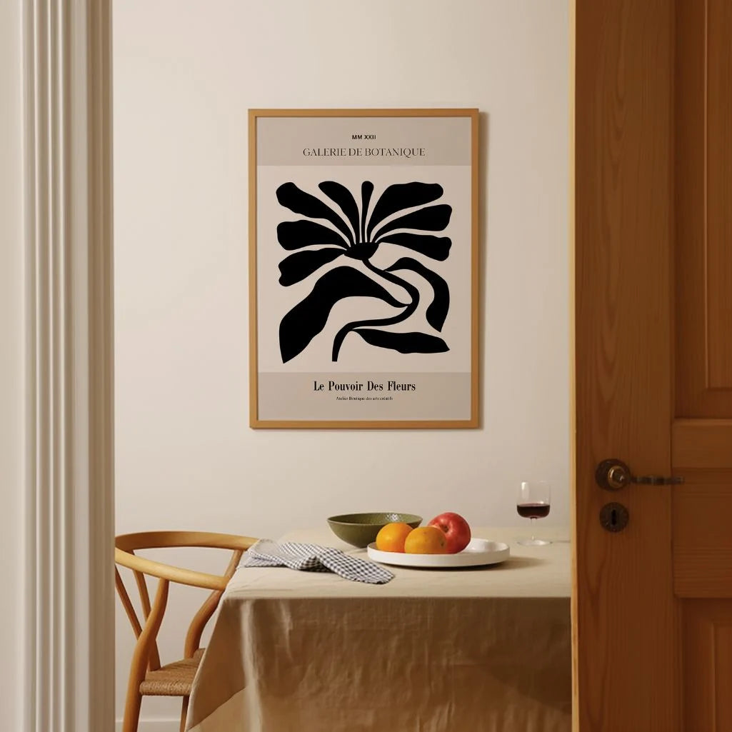 Black flowers poster styled in minimalist living room with modern decor