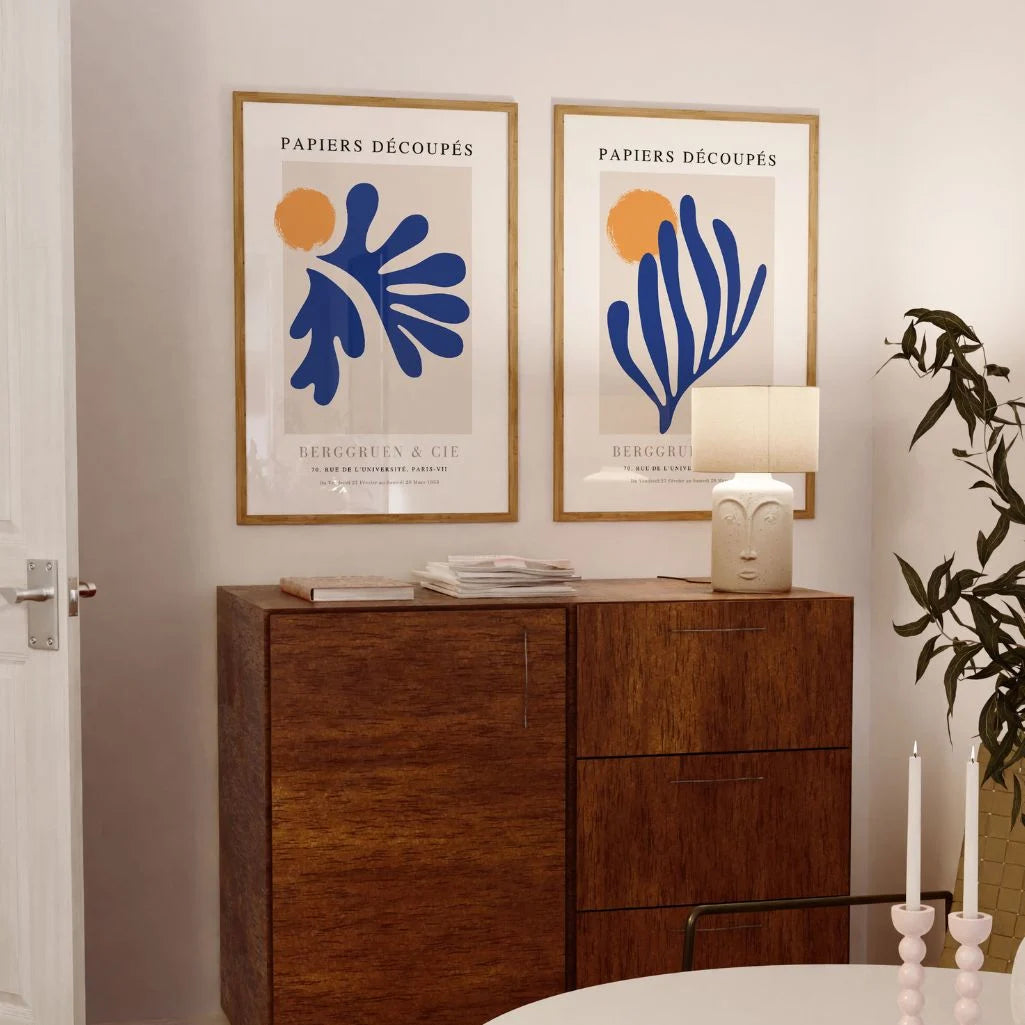 Set of 2 blue cutouts posters styled in modern living room with minimalist decor