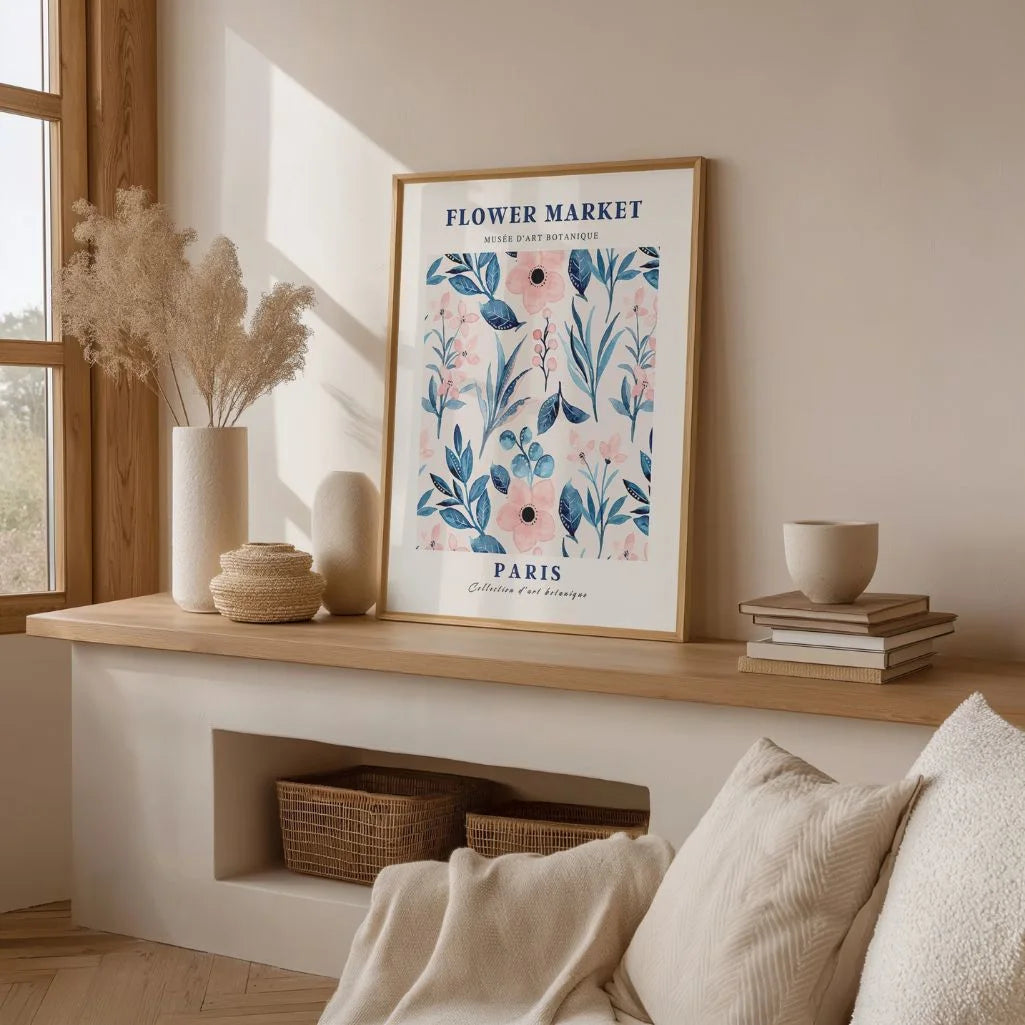 Blue flowers watercolor poster styled in elegant bedroom with soft romantic decor