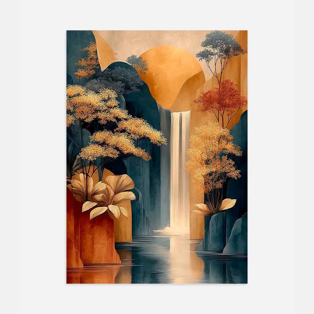 boho waterfall landscape poster in terracotta beige and deep blue tones for modern living room wall decor