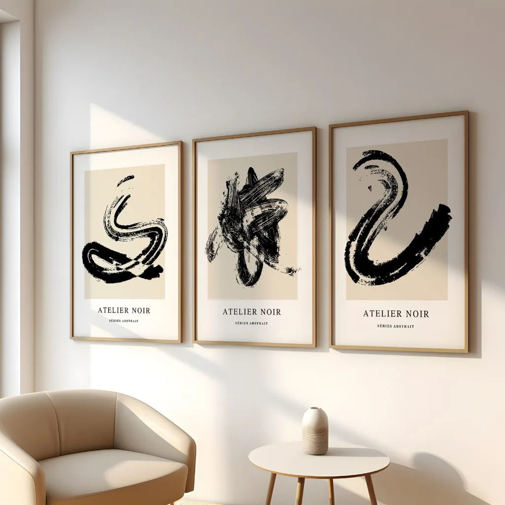 Bold ink art poster set with strong brush strokes for contemporary interiors