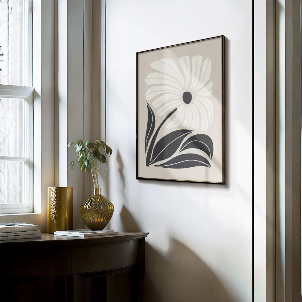 minimalistischer blumen poster im schlafzimmer ruhige botanische wandkunst