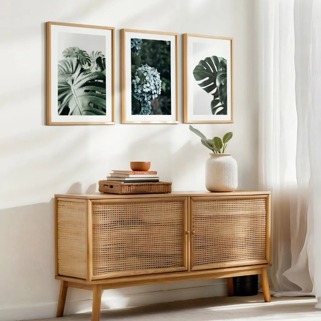 Calm botanical wall art set of 3 for bedroom with green plant posters