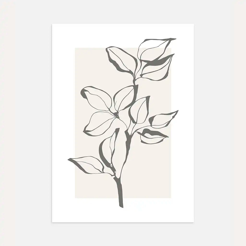 Minimalist linear branch poster with delicate botanical line art in neutral tones