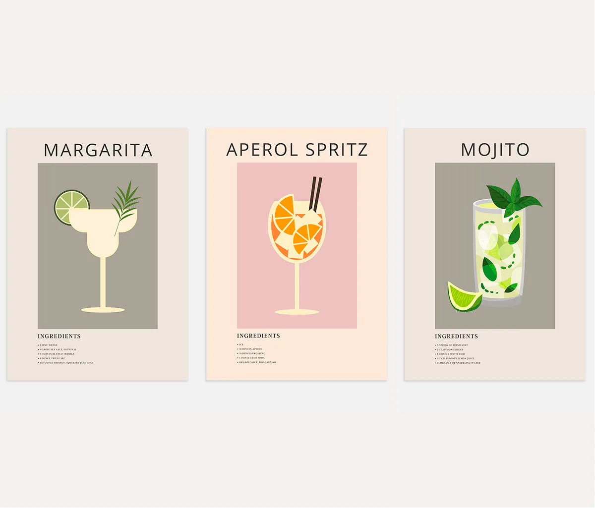 minimalist cocktail poster set with margarita aperol spritz mojito beige tones wall art for kitchen decor
