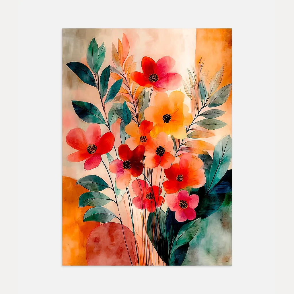 Coral pink and orange floral poster with botanical wall art for modern gallery wall decor