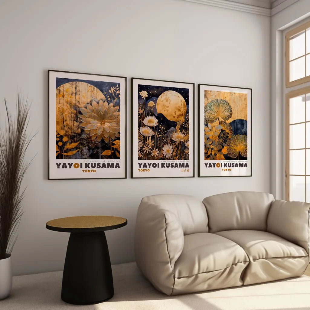 Gallery wall with dark gold floral poster set of 3 night botanical art
