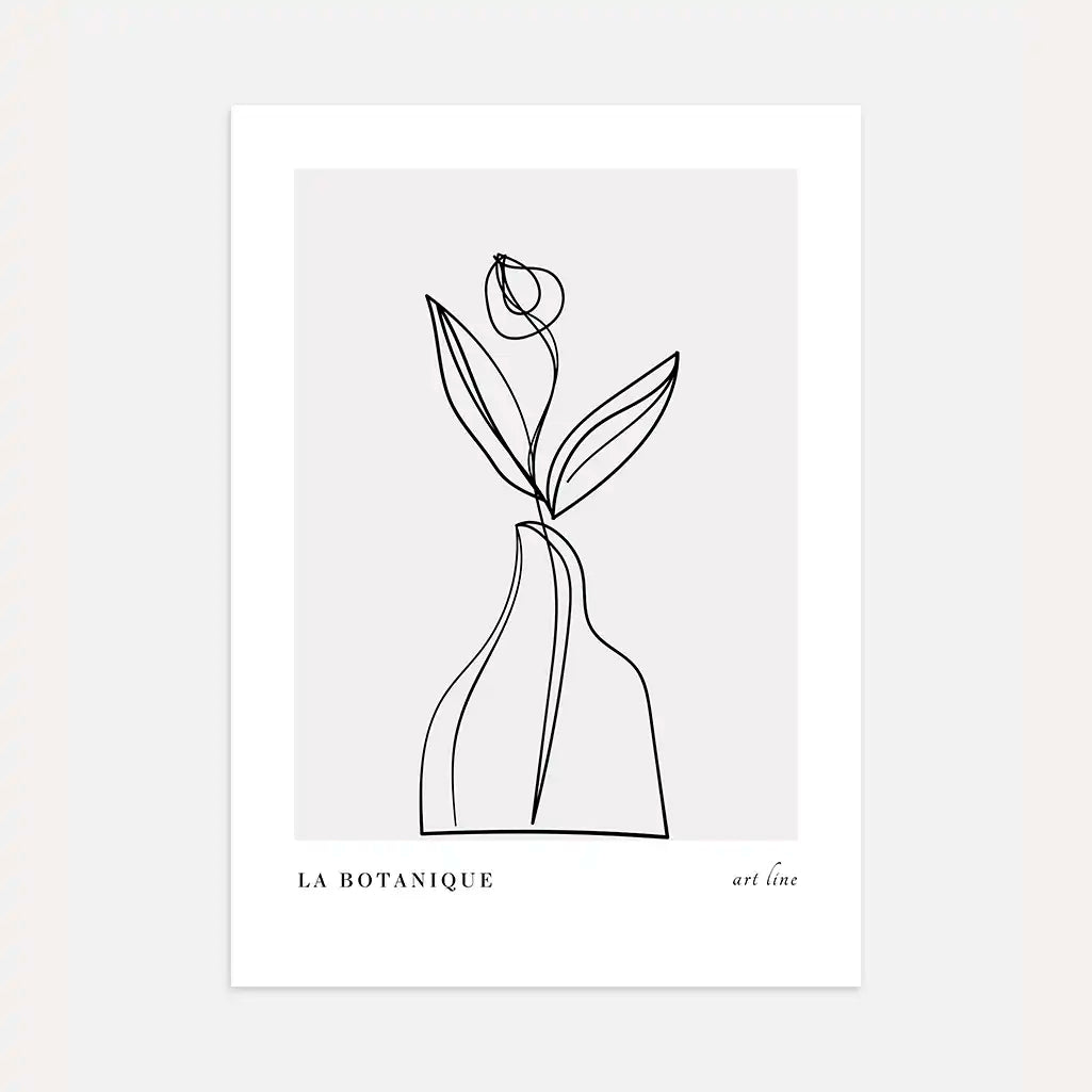 Minimalist flower line art poster with delicate vase illustration in black lines