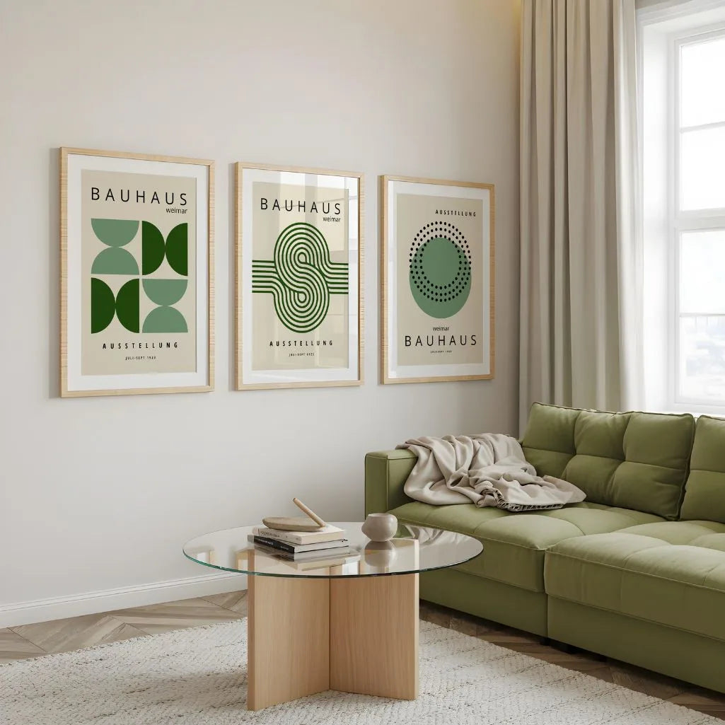 bauhaus wall art set in green and beige in calm bedroom
