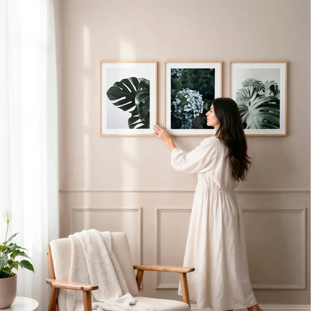 Green botanical poster set in modern living room plant wall decor